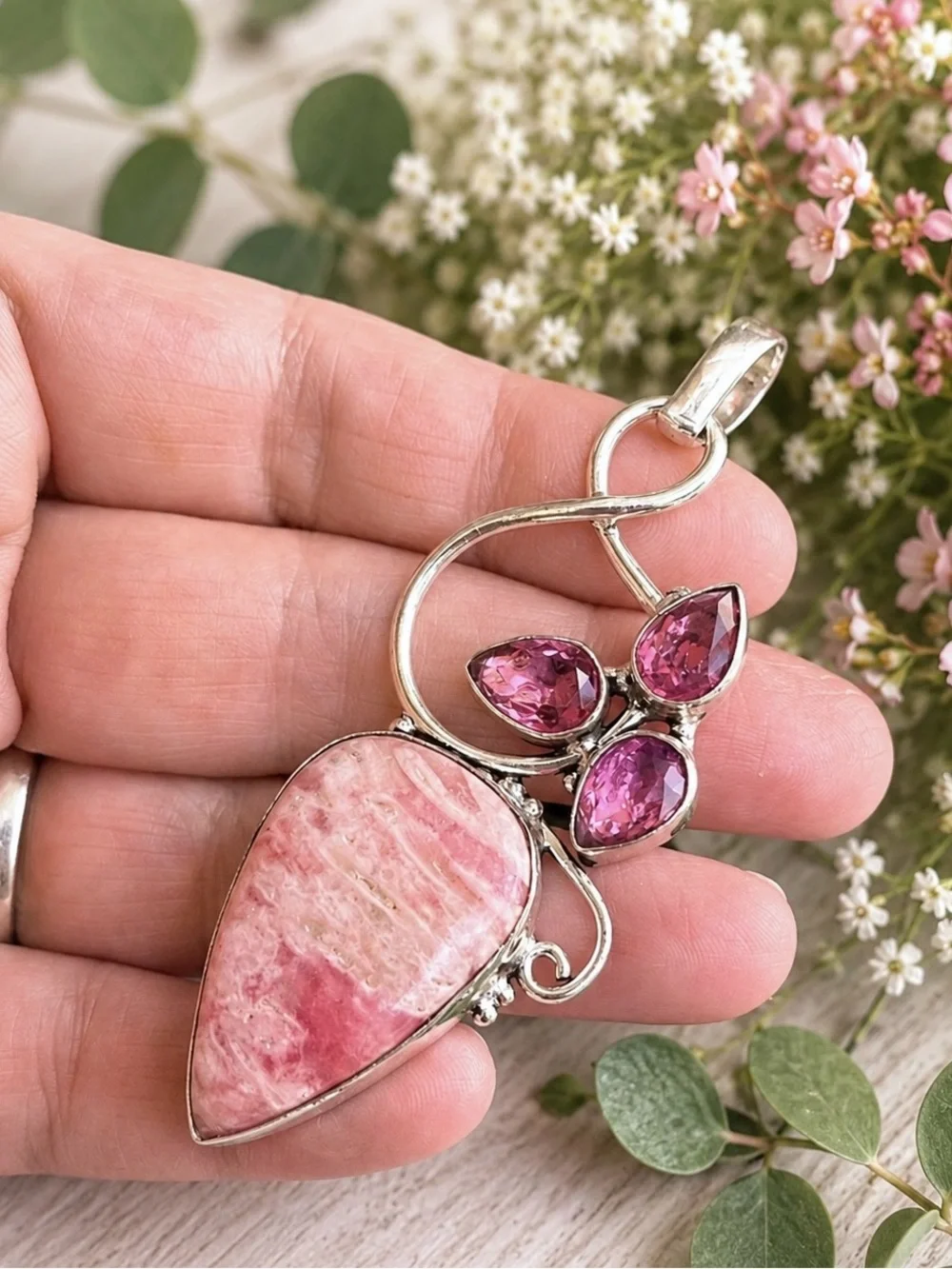 Rhodochrosite & Pink Topaz Gemstone 2.8” Sterling Silver Pendant - Picture 3 of 5